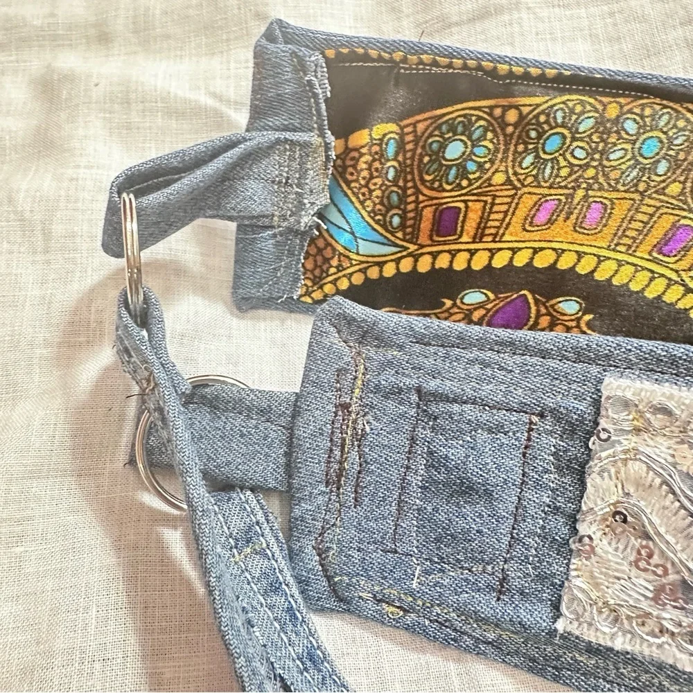 Artisan Boho Denim Coin Belt Handmade Upcycled Festival Waist Belt 33-38 Signed
